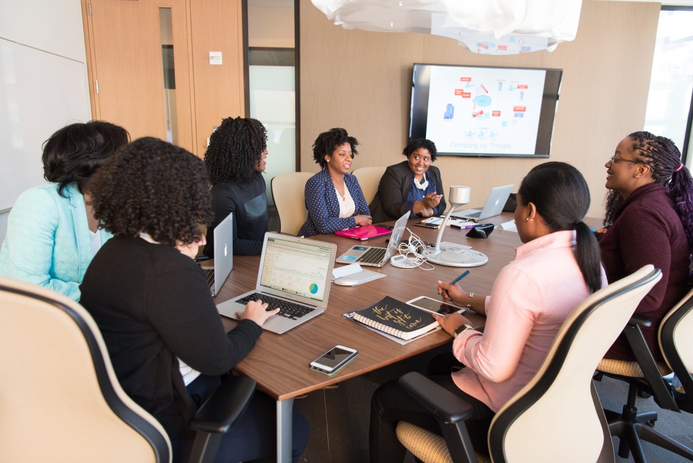 A team reviewing a proposal together in a meeting room
